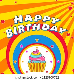 Birthday celebration design with colorful circles and cupcake illustration on vintage rays background.
