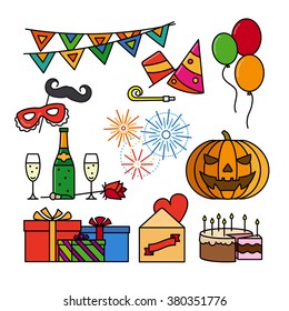 Birthday and celebration event thin line coloterd icons. Vector illustration