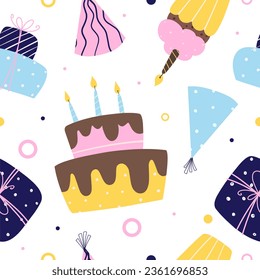 Birthday celebration flat hand drawn seamless pattern. Festive print with gifts, candles and cakes.