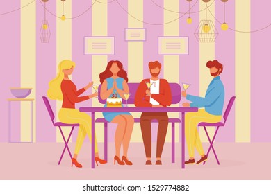 Birthday celebration flat vector illustration. Men and woman congratulate girlfriend with thirty anniversary. Girl and friends have party in cafe with cake and cocktails cartoon characters