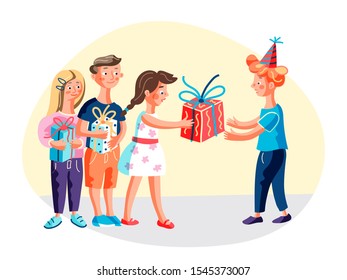 Birthday celebration flat vector illustration. Cheerful children, schoolmates cartoon characters. Happy child receives presents, friends congratulate kid. B day party, childhood event, anniversary