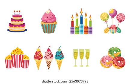 Birthday Celebration Food and Drink Vector Set. Happy Birthday Foods and Drinks Items