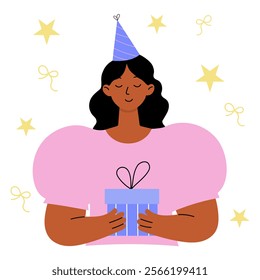 Birthday celebration with gift - smiling woman in party hat holding present, festive stars and ribbons, party illustration, happy moment, special occasion, surprise gift, celebration mood