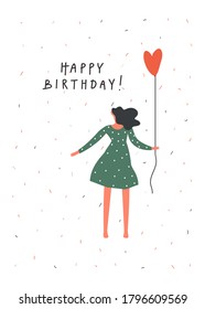 Birthday celebration greeting card design. Young girl with balloon . Hand written text , Vector flat illustration