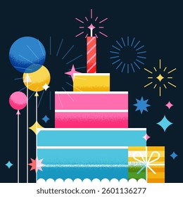 Birthday celebration greeting card with three layers multicolor cake, balloons, gift and fireworks. Vector geometric illustration. Holiday night party banner, poster, invitation design template