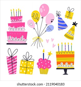 Birthday celebration hand drawn elements, vector illustration isolated on white background. Balloons, cakes with candles, cupcakes, party hats. 