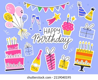 Birthday celebration hand drawn sticker set, vector illustration isolated on blue background. Balloons, cakes with candles, gift box, cupcakes, party hats, lettering. 