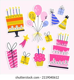 Birthday celebration hand drawn sticker set, vector illustration isolated on white background. Balloons, cakes with candles, gift box, cupcakes, party hats. 