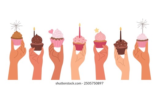 Birthday celebration. Hands raised up hold cupcakes with candles.Set of cupcakes. Vector for postcards and stickers.