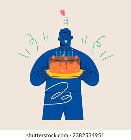 Birthday celebration. Happy man holding a Birthday sweet cake with candles. Colorful vector illustration
