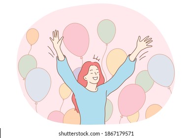 Birthday celebration, holiday, party concept. Young happy woman feeling excited during holiday celebration with colourful balloons at background. Surprise, anniversary, gift, happiness