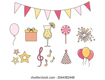 Birthday celebration, holiday party decor. Hand drawn illustrations. Greeting card, invitation design elements. Gift, balloons, topper hat, snacks, music, notes, stars.