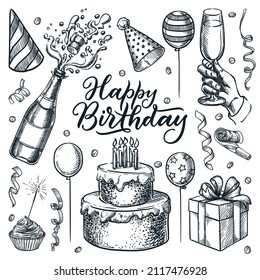 Birthday celebration holiday party decor. Hand drawn design elements and Happy Birthday lettering for invitation or greeting card. Vector sketch illustration of cake with candles, champagne and gift