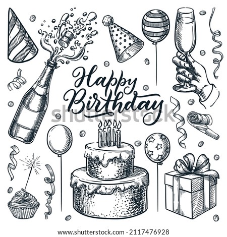 Birthday celebration holiday party decor. Hand drawn design elements and Happy Birthday lettering for invitation or greeting card. Vector sketch illustration of cake with candles, champagne and gift Foto stock © 
