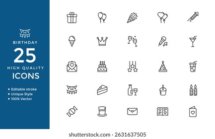 Birthday Celebration Icon Set – Cake, Balloons, Party Hat, Drinks, Gifts and Decorations – Editable Vector Line Icons