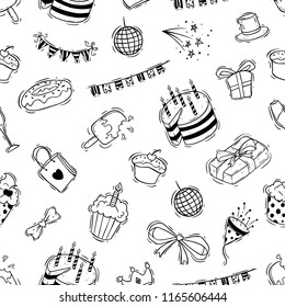birthday celebration icons in seamless pattern with doodle style