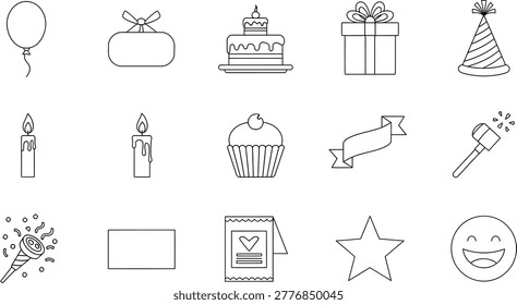 Birthday celebration icons set with cake balloons gifts candle confetti