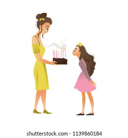 Birthday celebration illustration of female kid blowing candles on holiday cake isolated on white background. Cartoon vector of young woman holding sweet pie before little birthday girl.