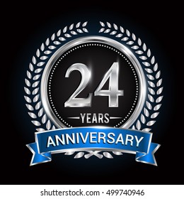 Birthday celebration logo 24 years with wreath, laurel, blue ribbon and silver ring