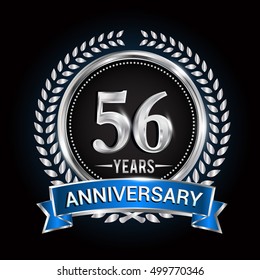 Birthday celebration logo 56 years with wreath, laurel, blue ribbon and silver ring