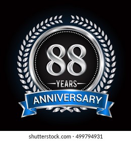 Birthday celebration logo 88 years with wreath, laurel, blue ribbon and silver ring