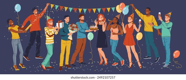 Birthday celebration with multiracial friends flat color vector illustration. Surprise holiday party cartoon composition on grey background