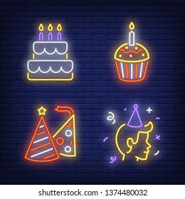 Birthday celebration neon sign set. Cake, candles, cap, boy. Colorful billboard, bright banner. Vector illustration in neon style for topics like holiday, party invitation, fun
