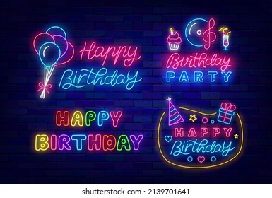 Birthday Celebration Neon Signboard Collection. Happy Bday Greeting Card. Shiny Lettering, Colorful Letters. Ballons And Present. Music And Party Hat. Holiday Set On Brick Wall. Vector Illustration