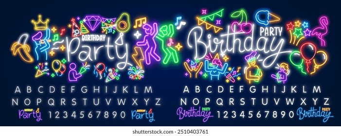 Birthday celebration neon signboard collection. Happy bday greeting card. Shiny lettering, colorful letters. Ballons and present. Music and party hat. Holiday set on brick wall. Vector illustration