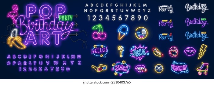 Birthday celebration neon signboard collection. Happy bday greeting card. Shiny lettering, colorful letters. Ballons and present. Music and party hat. Holiday set on brick wall. Vector illustration