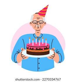 Birthday celebration. Old man blowing candles on festive cake. Surprise, anniversary concept. Flat vector illustration on white background.