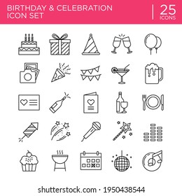 Birthday and celebration outlined icon set. Perfect for design element of party, anniversary event, and festival. Happy birthday icon such as cake, greeting card, and candle icon collection.
