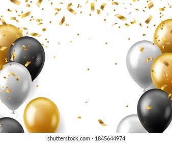 Birthday celebration party banner. Realistic gold, white and black festive balloons and golden confetti poster, invitation or greeting card with copy space, vector carnival event isolated background