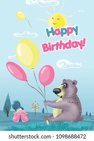 Birthday celebration party card design.  Funny vector cartoon scene, happy bear looks at Balloons and sun is smiling.