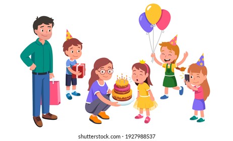Birthday celebration party. Girl kid blowing out candles on cake. Mother, father, friends holding gifts, balloons, taking photos, celebrating birthday. Children having fun. Flat vector illustration