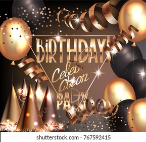 BIRTHDAY CELEBRATION PARTY INVITATION BANNER WITH GOLD DECO ELEMENTS AND PARTY OBJECTS. VECTOR ILLUSTRATION