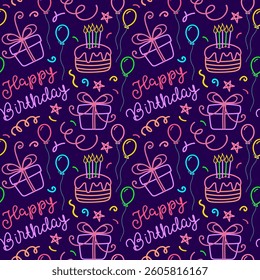 Birthday celebration party, seamless vector pattern in flat design, bright blue background with cake, gift box and confetti colorful icons.