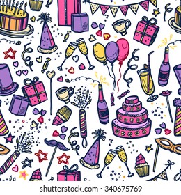 Birthday celebration party time attributes symbols and accessories colorful pictograms  seamless tileable paper pattern abstract vector illustration. Editable EPS and Render in JPG format