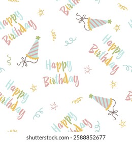Birthday celebration pattern with party hats and confetti vector illustration