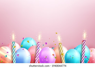 Birthday celebration postcard with balloons and confetti