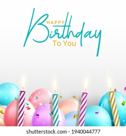 Birthday celebration postcard with balloons and confetti