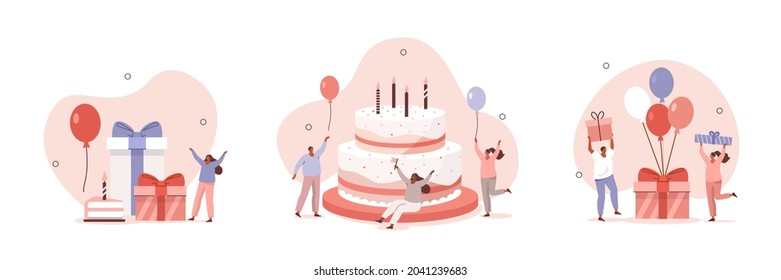 Birthday celebration scenes. People celebrating near birthday cake, holding balloons, preparing gift boxes. Happy birthday concept. Flat cartoon vector illustration and icons set isolated.