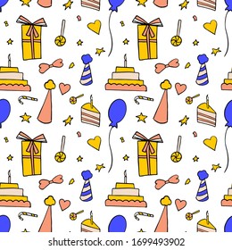 Birthday celebration seamless pattern. Happy birthday and anniversary backdrop in cartoon style.