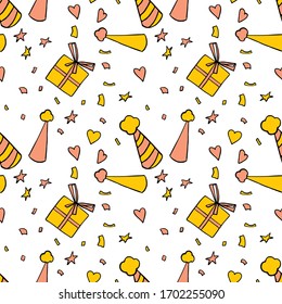 Celebración del cumpleaños sin fisuras. Feliz cumpleaños y aniversario como telón de fondo en estilo de caricatura.