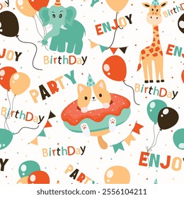  birthday celebration seamless pattern, packaging, wrapping paper, textile, fabric, festival, cartoon, cat, animals