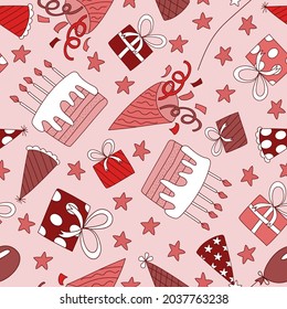 birthday celebration seamless pattern red monochrome consisting of festive caps, cake with candles, gifts, stars and crackers on a pink background