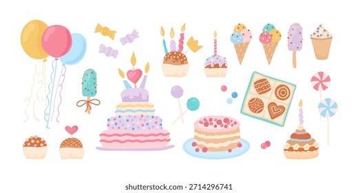 Conjunto de Elementos de celebración de cumpleaños. Galletas, helados, dulces, pasteles, fiesta de cupcakes. Ilustración vectorial linda aislada en blanco.