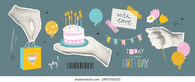 Birthday celebration. Set of halftone hands holding cake with candles, gift bag and flowers. Piece of paper with the inscription With love, glued with sticky tape, cute balloons and hand-written