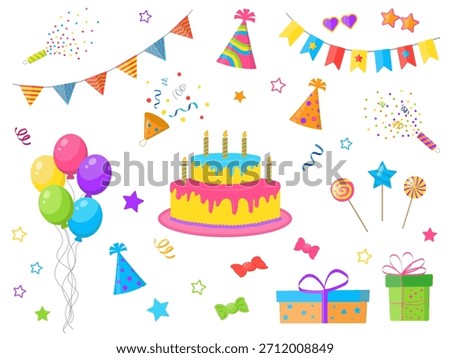 Birthday celebration set of party elements: party icons set, gifts, balloon, birthday party cake, decoration gift. Vector illustration isolated on white bg.