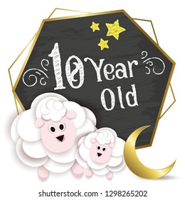 Birthday celebration with sheep and moon, cute birthday background, 10 year old.
